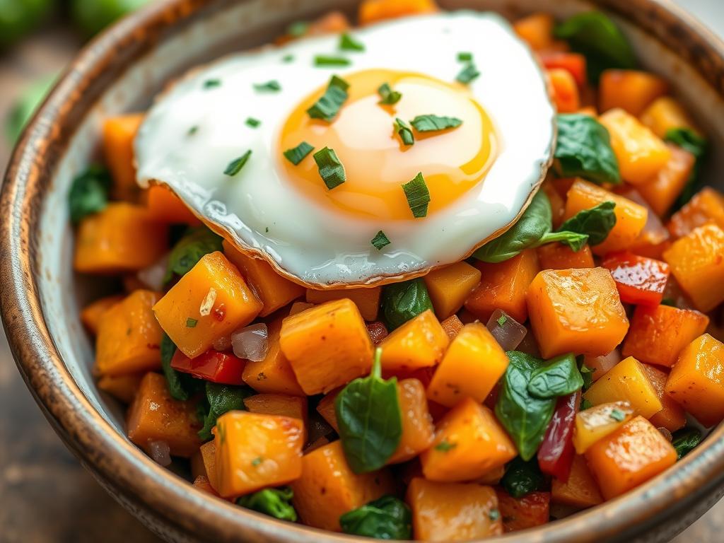 Sweet potato breakfast hash bowl with vegetables and a perfectly cooked egg on top