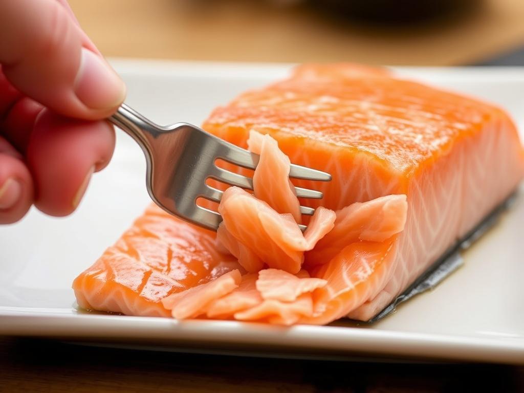 Testing salmon doneness with a fork showing flaky texture Testing salmon doneness with a fork showing flaky texture