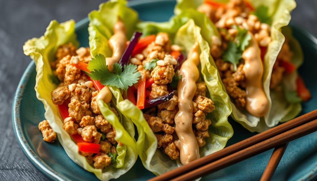 Thai-Inspired Chicken Lettuce Wraps with creamy peanut sauce