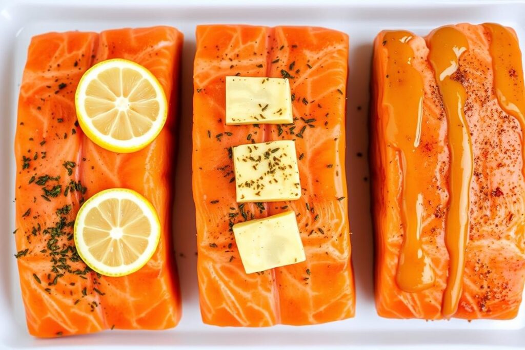 Three salmon fillets with different seasonings side by side Three salmon fillets with different seasonings side by side