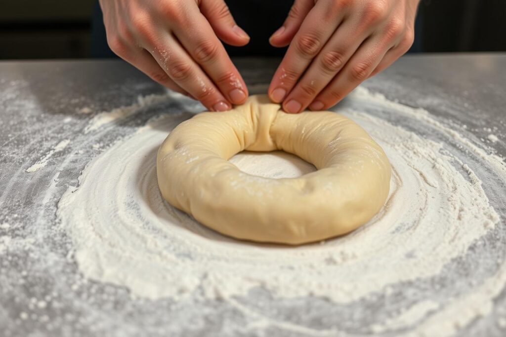 Traditional NYC breakfast bagel dough being shaped by hand