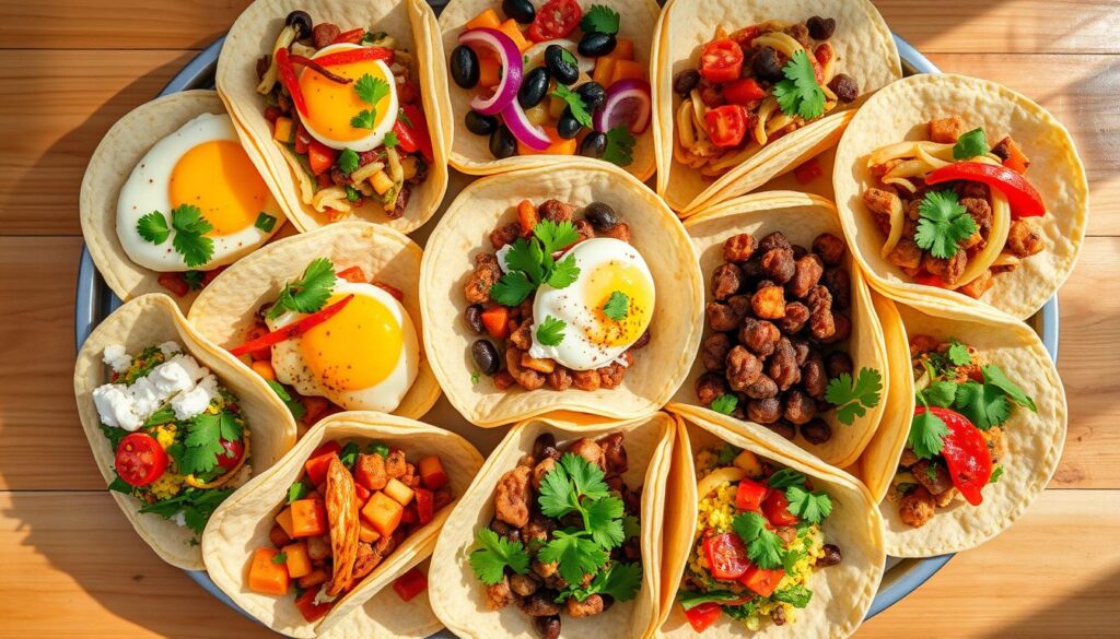 Variety of healthy breakfast tacos arranged on a serving platter