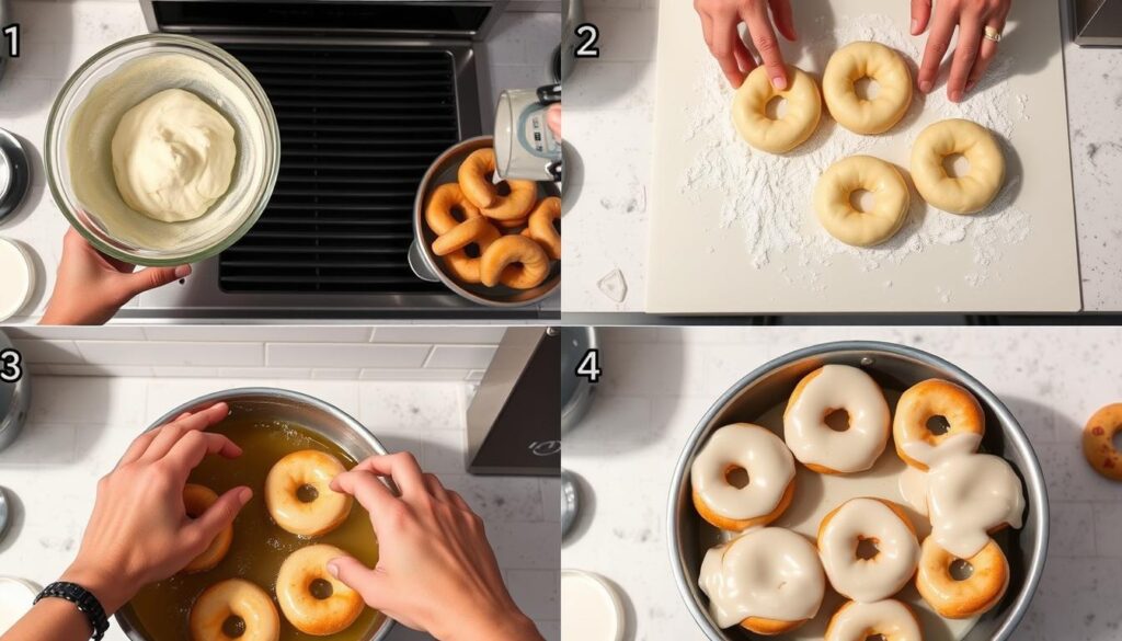Various stages of doughnut making process showing dough rising, cutting, and frying Various stages of doughnut making process showing dough rising, cutting, and frying
