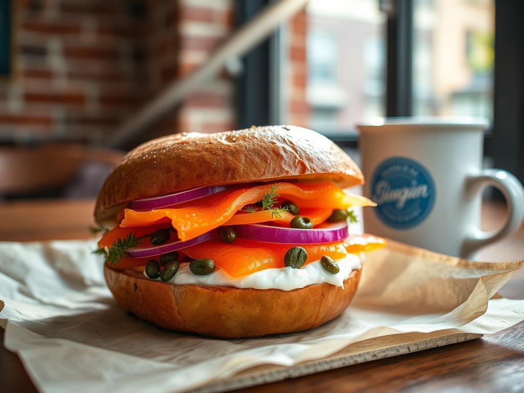 Vegan carrot lox bagel sandwich with cashew cream cheese on NYC-style bagel