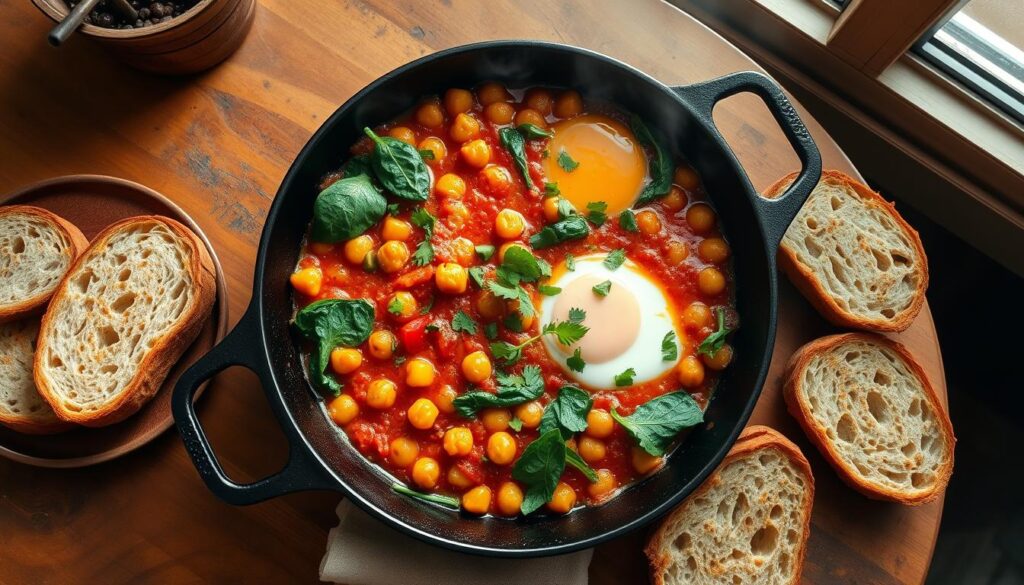 Vegan chickpea shakshuka in cast iron skillet with NYC vegan breakfast presentation