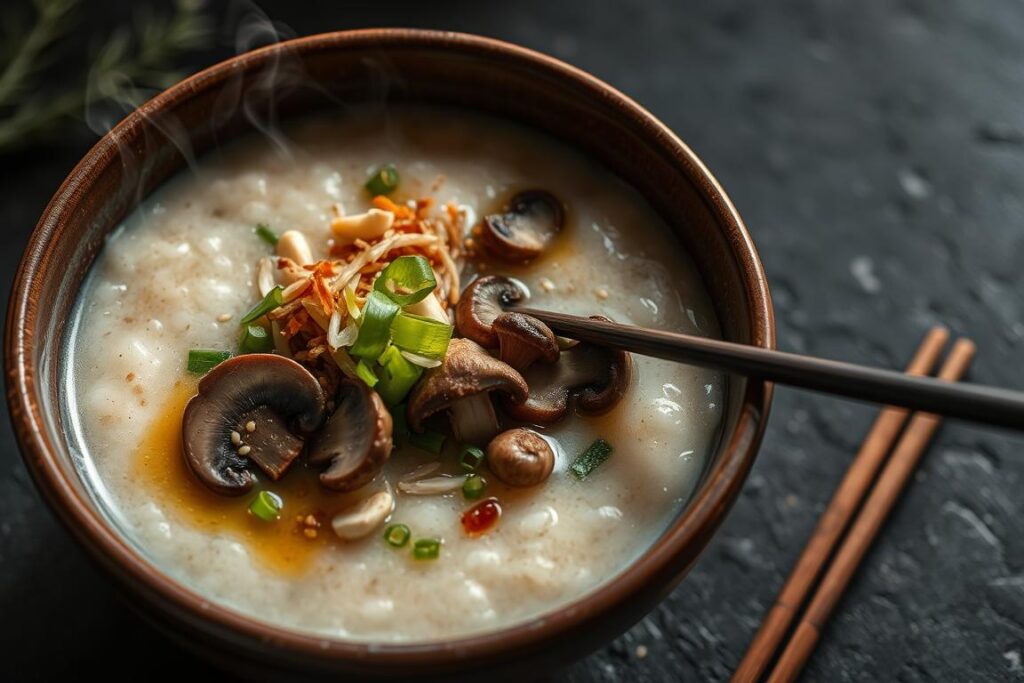 Vegan mushroom congee in ceramic bowl with NYC vegan breakfast presentation