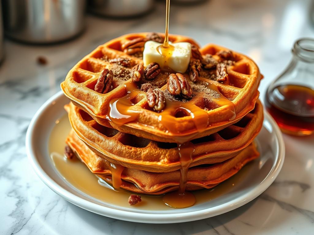Vegan sweet potato waffles with maple syrup and pecans in NYC breakfast style