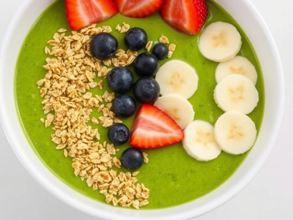 Vibrant green smoothie bowl topped with fruit and granola in a white bowl