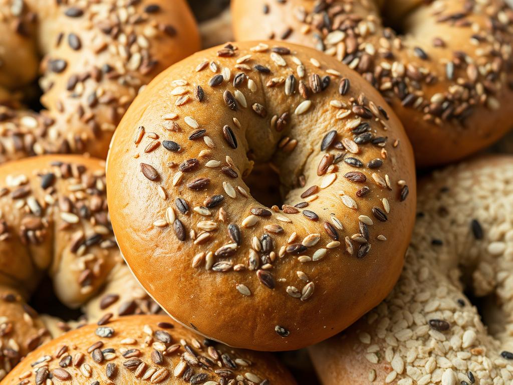 Whole grain seeded NYC breakfast bagel recipes with various seeds