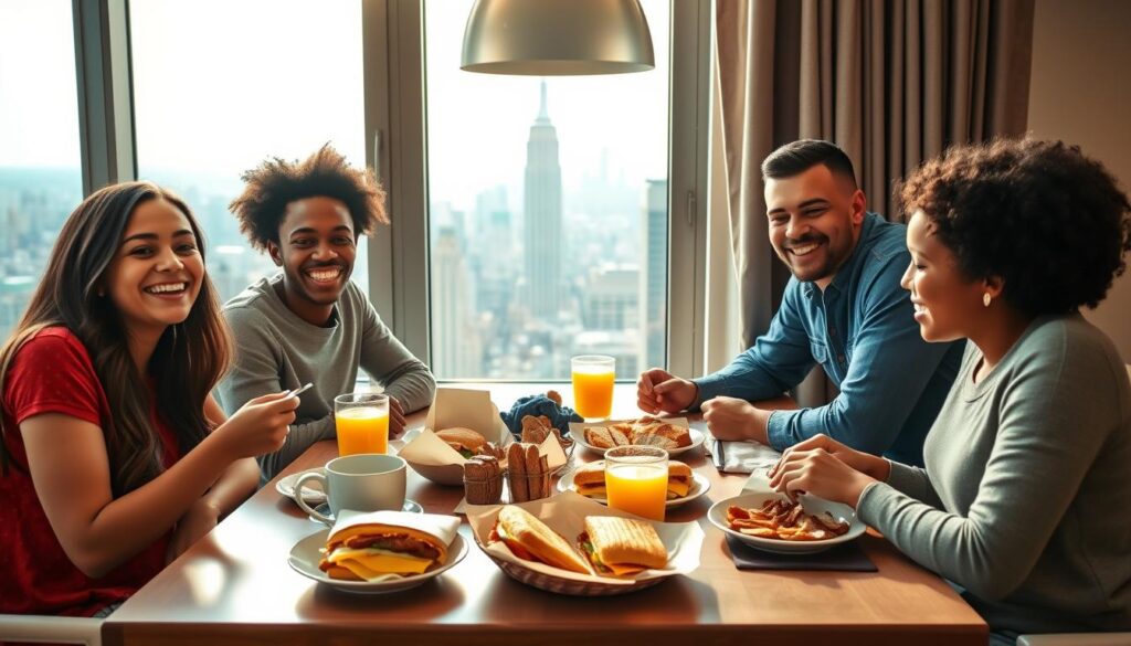 Family enjoying NYC-style egg and cheese sandwiches at breakfast table